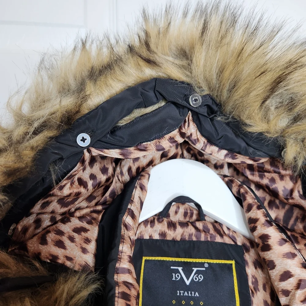 Kids Versace Italia 19V69 Black Puffer Jacket with Faux Fur Hood